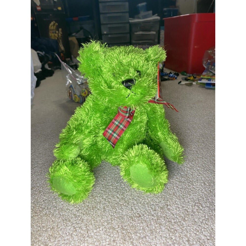 GANZ Murdoch Bear Lime Green Shaggy Plush Plaid Bow 8"